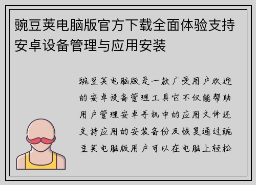 豌豆荚电脑版官方下载全面体验支持安卓设备管理与应用安装