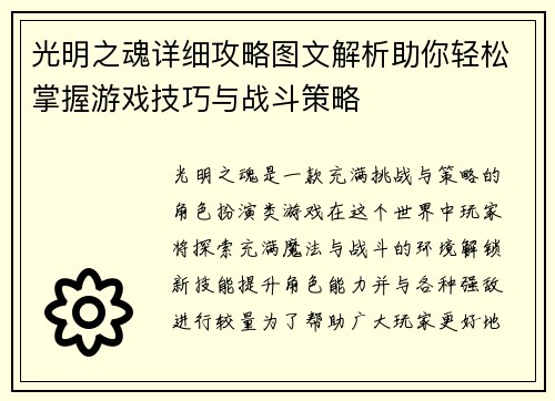 光明之魂详细攻略图文解析助你轻松掌握游戏技巧与战斗策略
